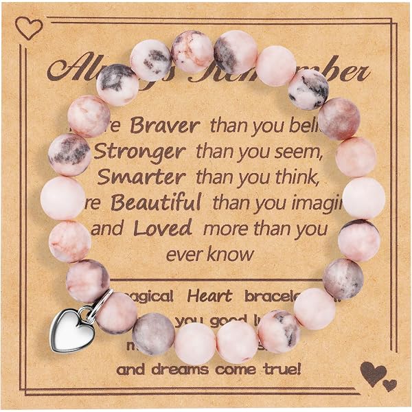 Bracciale In Pietre Naturali Rosa Con Ciondolo Cuore – Gioiello Per Amiche O Figlia – Regalo Significativo