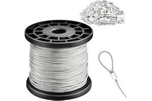 Akamino 1/16 Stainless Steel Wire Rope Set, 1.5mm x100m Aircraft Heavy Duty Cable with 100 Pcs Crimping Clamps for Garden, Climbing Plants & Picture Wire Kit - 7x7 Strand Core