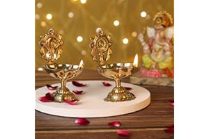4our Faith Brass Shankh and Chakra Diya for Puja Aarti Shankha Chakra Villaku for Traditional Indian Festive Diwali Pooja Dia Home Temple Decoration Oil Wick Lamp Virgin Brass Metal – Pack of 2