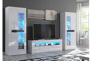 Furneo MilClif 13 – High Gloss & Matt White Living Room Set, TV Stand & Display Cabinets, Blue LED Lights