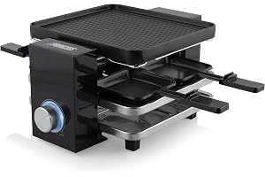 Princess Appareil à Raclette Multifonction Piano 4, Pour 4 Personnes, Plaque Réversible 21 x 23 cm, Thermostat à Anneau Lumineux, Sans BPA et Facile à Nettoyer, 700 W, Noir, 01.162915.01.001