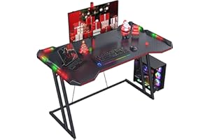 CubiCubi Gaming Desk with LED, 120 cm Gamer Workstation, Home Computer with Carbon Fiber Surface, Black