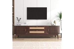 BTM TV Stand Cabinet, TV Cabinet with Doors and Drawers, TV Unit with Faux Rattan, Natural Walnut Color Mixed, 170x40x46cm