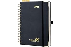 POPRUN Agenda 2025 Journalier 21,5 x 14,5 cm - Couverture Rigide Spirale, 1 Page par Jour A5 Agenda, D'Jan 2025 à Déc 2025-12 Mois, Avec règle signet, Papier Certifié FSC® 80 g/m², Noir