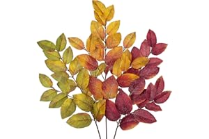 HOLLYONE 3PCS Autumn Decorations, Artificial Frosted Elm Branches - 29" Fake Fall Leaves, Mixed Colour Faux Floral Stems for Vase, Tall Decorative Greenery for Home Kitchen Table Decor, Artificial Plants