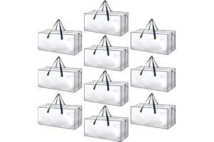 HealSmart 10 Pack Extra Large Moving Bags with Zippers & Carrying Handles, Heavy-Duty Storage Tote Moving Boxes for Dorm Room Essentials Storage Bags, Clear