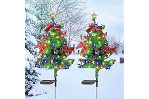 Neioaas 2 Pack Solar Christmas Decor Tree Lights,Solar Xmas Pathway Lights with Bow and Bell, Outdoor Garden Waterproof Solar Stake Lights Xmas Tree Garden Decor for Pathway Lawn Patio (Colour LEDs)