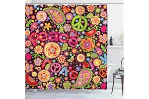 ABAKUHAUS, Groovy, Zasłona prysznicowa, Hippie Kolorowe Paisley Liście klawisze muzyczne Typografia Idealizm historyczne Revolution, Wielobarwność, 175cm x 180cm