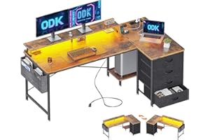 ODK Scrivania Angolare Reversibile, Scrivania da Gaming con LED, Scrivania a L con 4 Cassetti, Tavolo a Forma di L con 2 Porte di Ricarica USB e 2 Prese di Corrente per Ufficio, Marrone, 160x80x84.7cm