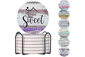 Valdivia 6 Pcs Ceramic Drink Coasters with Blessing Verses, Wooden Marble Style Absorbent Stone Cork Base - 4 Inches Coasters & Metal Holder for Coffee Table, Home Decor Housewarming Gifts