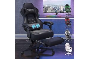 YU YUSING Chaise Gaming Ergonomique Racing Chaise de Bureau avec Réglage de Hauteur, Repose-tête et Soutien des Lombaires, PU Cuir avec Repose-Pieds Rétractable, Noir