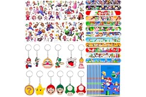Otokti 38PCS Marrio Birthday Party Bags Fillers, Party Favours with 12PCS Slap Bands, 12PCS Keyrings, 4PCS Tattoo Sticker and 10PCS Party Bags, Marrio Party Bags Fillers for Kids