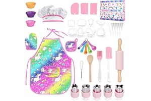 BUOAZR 38 PCS Kit de Cocina y Horneado para Niños, Incluidos Delantales, Gorros de Chef, Guantes y Accesorios de Cocina para niños, Juego de Roles para Niña Juguetes Regalos 3-10 años