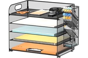 SUPTIDY Schreibtisch-Organizer mit 5 Etagen, mit Griff und abnehmbaren Stifthaltern, Netz-Papier-/Akten-Organizer für den Schreibtisch, Papier-Briefablage für Bürobedarf (Schwarz)