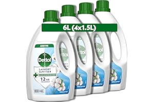 Dettol Laundry Sanitiser, Antibacterial, Fresh Cotton, 6L Total (1.5L x 4pck) 12hr Freshness, Removes Odour, Prevents colour fading, Kills 99.9 Percent of Bacteria