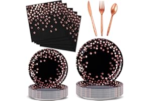 Nkaiso Partygeschirr 144 Stück Schwarz und Roségold Kindergeburtstag Mädchen Party Deko Zubehör Set ​Papier Geschirrset einschließlich Pappteller Servietten Wiederverwendbar Besteck -24 Gäste