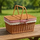 Wicker Picnic Basket with Lid &ndash; Lace, Red Checkered Fabric, Stylish and Natural Design 39 cm