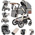 Gcarebb 3 in 1 Prams Travel System, Pushchair with Height Adjustable Handle, Travel Pram with Mosquito Net, Baby Stroller with Aluminum Frame for Newborn 0-4 Years