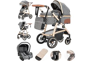 Gcarebb Poussette 3 en 1, Poussettes Citadines Avec Siège Auto, Poussette Canne Poignée Réglable en Hauteur, Poussettes Combinée Paysage Haut Cadre en Aluminium Convient Pour 0-4 Ans