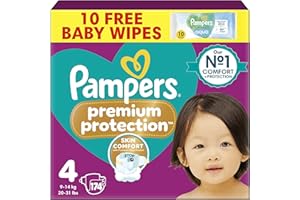 Pampers Premium Protection Size 4, 174 Baby Nappies, 9kg-15kg, Monthly Pack with Pampers Harmonie Aqua Baby Wipes 1 Pack of 10 Wipes