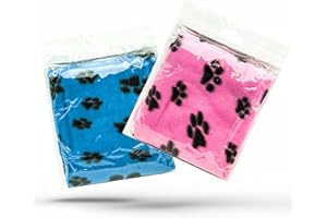 PETOPEDIA 2 X Dog Blankets Washable With Paw Prints Dog Blanket | Cat Blanket | Soft Warm Dog Fleece Animals Pet Blanket Puppy Blanket Bed Travel Pack (BLUE and PINK, 70cm X 73cm (Pack of 2))