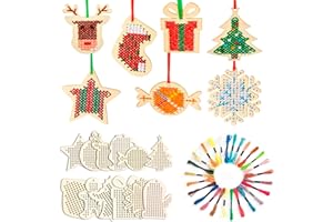 Scinzene Sticken Kinder, Weihnachtliches Kreuzstich Set Für Anfänger, 59-teiliges Bastelset Mit Holzstücken Und Stickgarn, Ideal Für Kinder Ab 8 Jahren Und Eltern-Kind-Aktivitäten