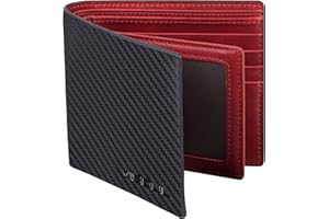 VISOUL Cartera para Hombre Piel Genuina Billetera Hombre de Cuero de Tarjetero con Protección RFID Carteras Bifold para Hombres Joven Monedero de Cuero con 12 Ranuras para Tarjetas (Carbono+Rojo)