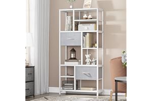 YITAHOME Libreria, libreria a 7 ripiani con cassetti da pavimento, scaffale industriale con telaio in acciaio, per soggiorno, ufficio, studio, corridoio, cucina, bianco