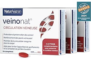NATURAVIGNON LABORATOIRE Laboratoire NaturAvignon Veinonat Comprimés | Circulation veineuse & jambes lourdes | Marron d'Inde + Pépins de raisin + Fragon + Mélilot | Actifs à l'efficacité prouvée | 180 comprimés (3 mois)