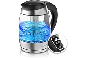 Arendo - Bollitore in vetro da 1,8 litri con filtro per il tè, 2200 Watt, In acciaio inossidabile, Intervallo di temperatura da 40 °C a 100 °C, Funzione di mantenimento in caldo, Illuminazione LED