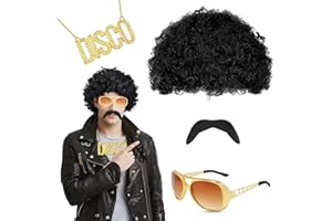 NHYDZSZ Hippie peruka dyskotekowa Afro Funky 4 szt. Hippie akcesoria do kostiumu akcesoria raper lata 80/90. okulary przeciwsłoneczne wąsy i naszyjnik dyskoteka odpowiednia dla mężczyzn kobiet,