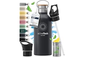 Trinkflasche Edelstahl mit Strohhalm, Infuser + 3 Deckel: BPA-frei, Auslaufsicher, Kohlensäure geeignet - Wasserflasche Fahrrad Thermosflasche Isoliert Isolierflasche Sport Wasser Flasche Kinder Tee