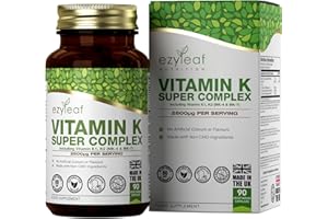 EZYLEAF NUTRITION Ezyleaf Vitamin K Super Complex | Vitamin K2 MK7 - Vitsmin-K2 MK4 - VIT K1 | 2600µg per Capsule | 90 K2 MK-7 Vegan Capsules | Non-GMO, Allergen Free Formula with Vitamin-C | Made in The UK