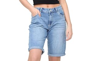 NOROZE Women's Ladies Knee Length Denim Stretchy Bermuda Shorts Contrast Turn Up Cropped Jean Shorts Denim Capri Pants Rolled-Up Hem Casual Summer Classic Cotton Pants with Pockets