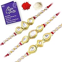 Sukkhi Incredible Kundan Gold Plated Rakhi Combo (Set of 3) with Roli Chawal and Raksha Bandhan Greeting Card For Men…