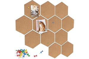 WSRYX 12 Pack Cork Board, Notice Letter Board Cork Tiles for Bedrooms Home Office Self Adhesive DIY Message Vision Board Kit with Push Pins for Pictures, Photos, Drawing (12pcs Hexagon)