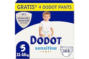 Dodot Sensitive Babywindel, Größe 5 (11-16 kg), 168 Windeln + 1 Pack mit 48 kostenlosen Tüchern, optimaler Schutz der Haut von Dodot, monatlich