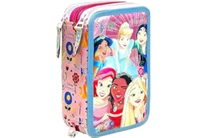 Clondo Estuche Triple Lleno para Niñas, para Princesas Fan, Plumier Triple, 45 Accesorios Primaria, 20cm, 3 Cremalleras, Compartimentos Organizados, La Sirenita, Rapunzel, Cenicienta