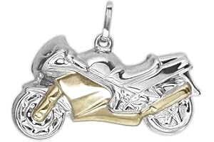 Clever Schmuck Pendentif en forme de moto en argent Sterling 925 brillant Forme sculpturale des deux côtés Aspect bicolore partiellement doré 27 x 13 mm étui inclus