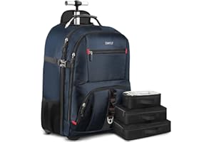 ZOMFELT Backpack with Wheels, 17.3 Inch Rolling Backpack for Men Women, Waterproof Rucksack on Wheels with 3 Packing Cubes, Laptop Roller Cases for Business Work College School, Blue
