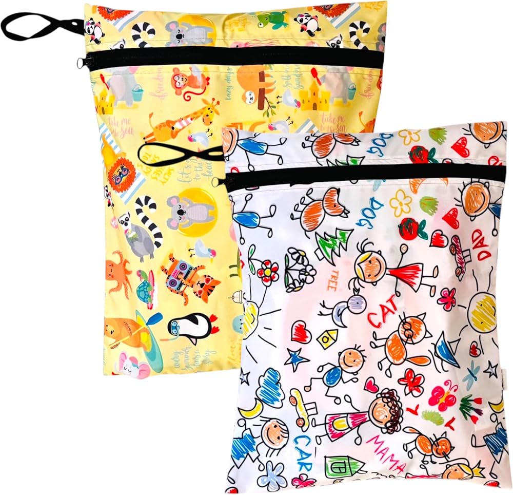 Yorni 2 Adet, 36 x 30 cm Summer ve Family Desen, Sıvı Geçirmeyen Çok Amaçlı Çanta, Ekonomik Set, Yıkanabilir, Fermuarlı ve Askılı