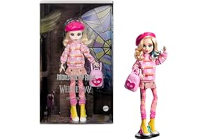 Monster High Wednesday Doll and Accessories, Enid Sinclair Collectible in Pink Fashion with Beret and Backpack, Doll Stand, HXJ05