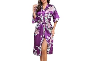Lovasy Kimono Dressing Gowns Satin Kimono Robe Peacock And Blossoms Silk Dressing Gown for Women UK Long Silk Bride and Bridesmaid Robes