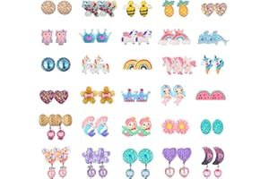 LOLIAS 30 Pairs Kids Clip On Earrings for Girls Bling Flower Heart Cute Animal Earrings No Pierced Princess Play Earrings Girls Dress Up Jewelry Set for Kids