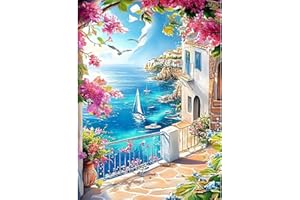 CEOVR Diamond Painting Kit Completo Paesaggio 5D Diamond Painting,Diamond Painting Adulto Paesaggio Costiero,30x40 cm Pittura Diamante,Fiori e Barche Diamanti Painting,Painting Diamond 5D