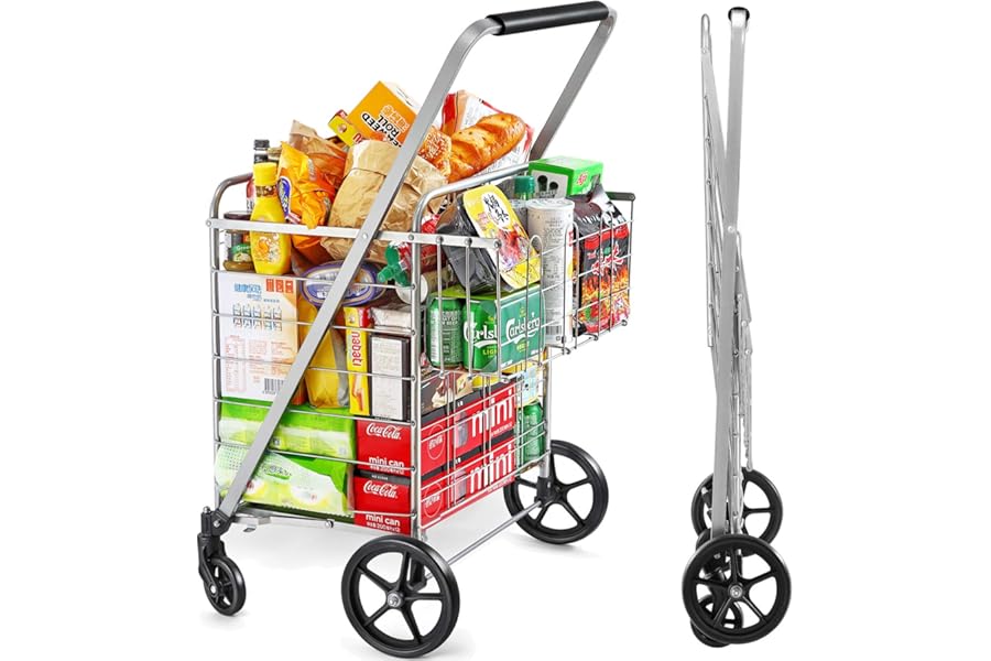 Wellmax Shopping Cart with Wheels, Metal Grocery Cart with Wheels, Shopping Carts For Groceries, Folding Cart For Convenient Storage And Holds Up To 160lbs, Dual Swivel Wheels and Extra Basket, Silver