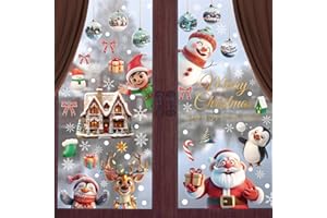 Wybtbm Pegatinas Navidad Ventanas Cristal, Pegatinas Ventana Navidad Doble Cara Reutilizables, Decoracion Navidad Ventana con Copos de Nieve, Reno, Papá Noel para Fiesta de Navidad, 9 Hojas