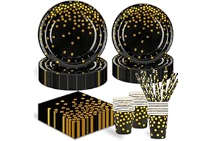 HFBOBP 125 Stück Schwarzesgold Kindergeburtstag Party Deko Zubehör Set, ​Papier Geschirrset einschließlich Pappteller Tasse Strohhalm und Servietten für Hochzeiten Deko Jubiläums