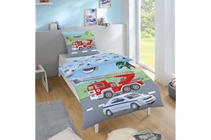 ‎FAMILANDO Familando Kinderbettwäsche mit Polizei Feuerwehr Motiv aus 100% Baumwolle · Bettwäsche mit Wende-Motiv und Reißverschluss · Bett-bezug 135x200 cm · Kopfkissen-bezug 80x80 cm · 100% Baumwolle