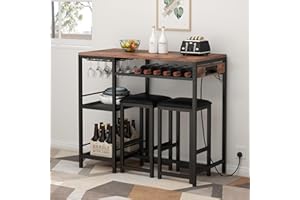 GYFIMOIE 3 Pieces Bar Table Set with Power Outlet, Pub Table and Chairs Set with 2 Storage Shelves, Breakfast Dining Furniture Sets with Wine Rack & Glass Holder for Living Room,Dining Room, Rustic Brown